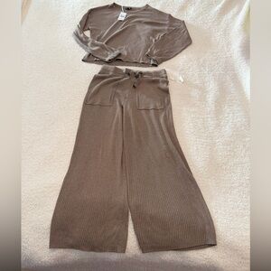 Splendid NWT Ribbed Knit Lounge Set Taupe Wide Leg Pants & Sweater M MSRP $336